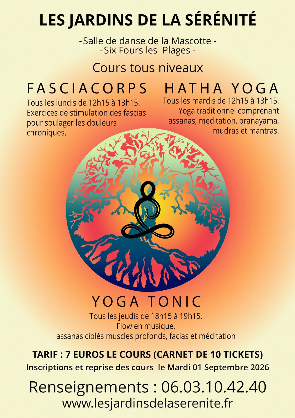 Flyer des cours de Fasciacorps, Hatha Yoga et Yoga Tonic des Jardins de la Sérénité, saison 2026-2027